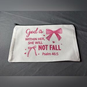 New White Canvas Zipper Pouch with Pink Script & Bow